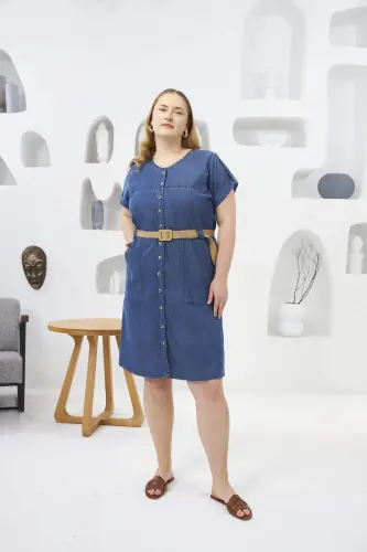 Woven Belt Detailed Plus Size Tencel Dress Blue - 4