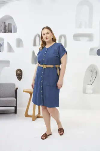 Woven Belt Detailed Plus Size Tencel Dress Blue - 5