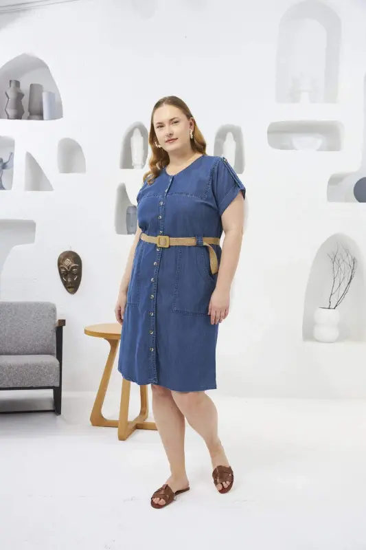 Woven Belt Detailed Plus Size Tencel Dress Blue - 5