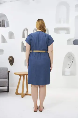 Woven Belt Detailed Plus Size Tencel Dress Blue - 6