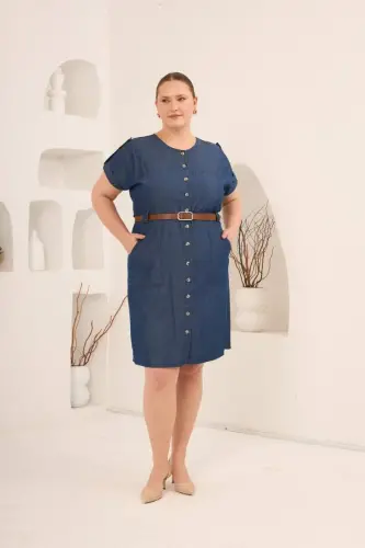 Woven Belt Detailed Plus Size Tencel Dress Blue - 6
