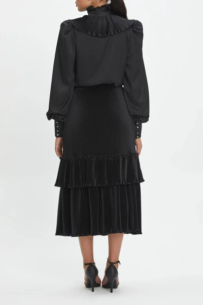 Wrap Collar Stone Button Detail Satin Black Shirt 38986 - SERPIL (1)