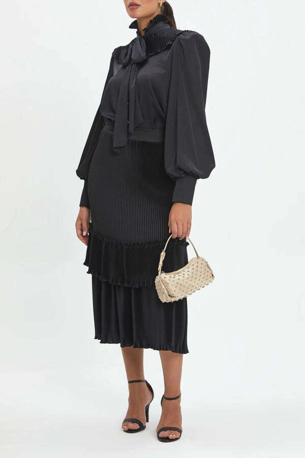 Wrap Collar Stone Button Detail Satin Black Shirt 38986 - 4