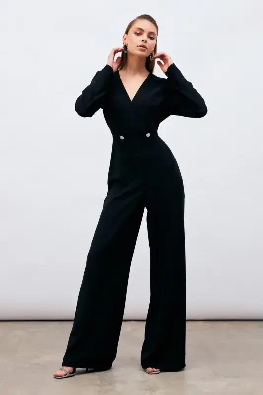 Wrap Detail Embellished Crepe Jumpsuit - Black-BLACK - SATEEN
