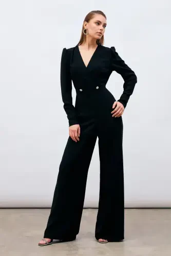 Wrap Detail Embellished Crepe Jumpsuit - Black-BLACK - 3