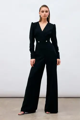Wrap Detail Embellished Crepe Jumpsuit - Black-BLACK - 4