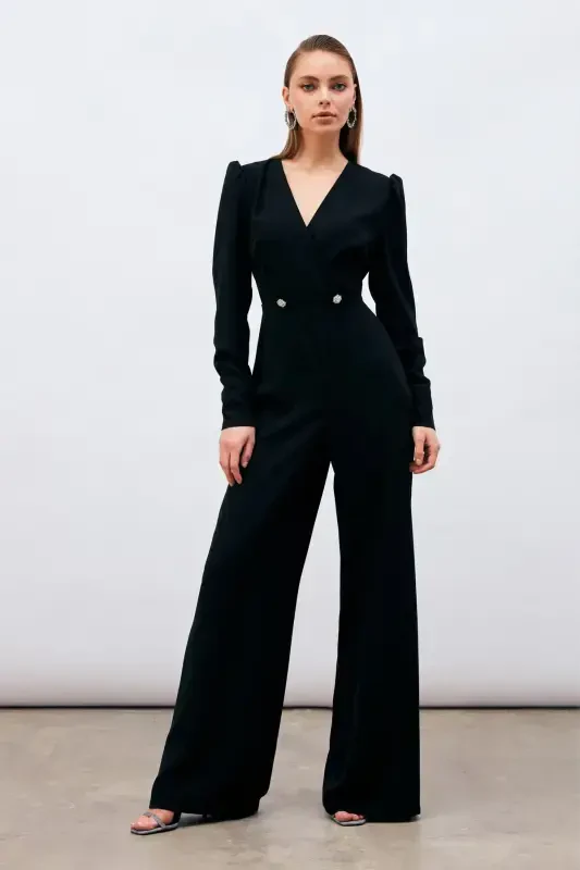 Wrap Detail Embellished Crepe Jumpsuit - Black-BLACK - 4