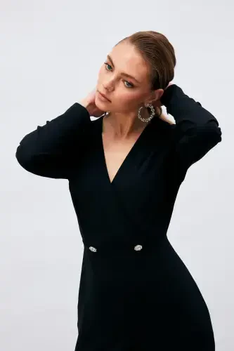 Wrap Detail Embellished Crepe Jumpsuit - Black-BLACK - 5