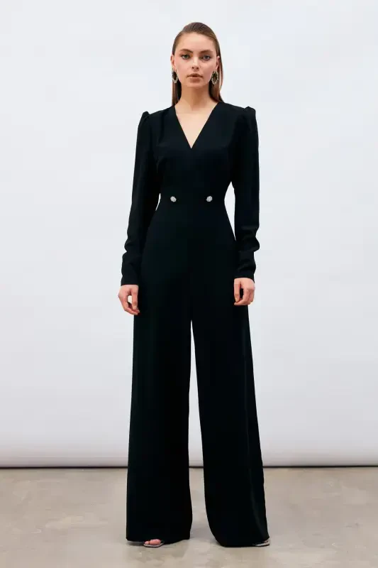 Wrap Detail Embellished Crepe Jumpsuit - Black-BLACK - 6