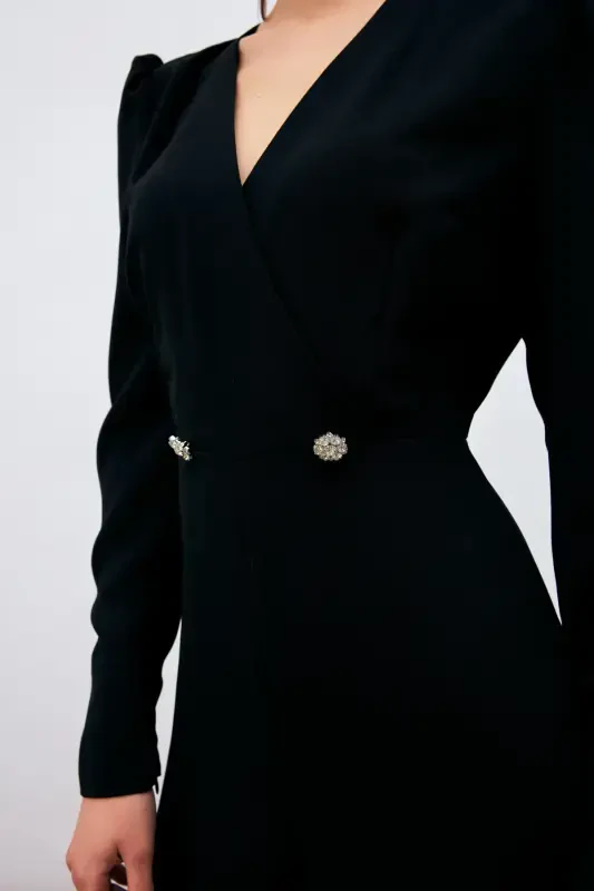 Wrap Detail Embellished Crepe Jumpsuit - Black-BLACK - 8