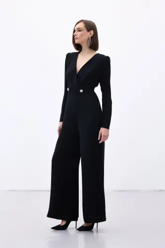 Wrap Detail Embellished Crepe Jumpsuit - Black-BLACK - 3
