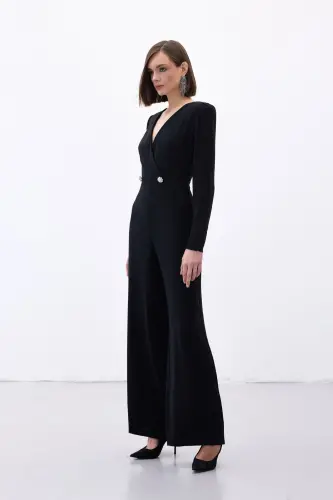 Wrap Detail Embellished Crepe Jumpsuit - Black-BLACK - 4