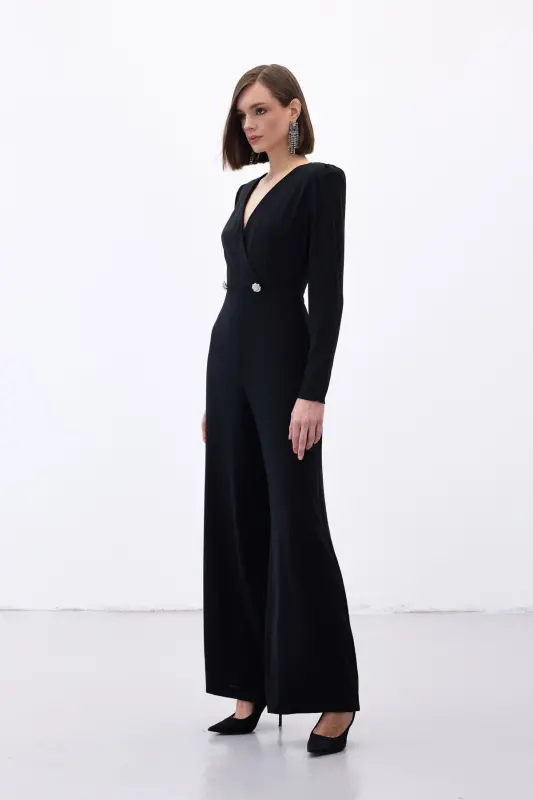Wrap Detail Embellished Crepe Jumpsuit - Black-BLACK - 4