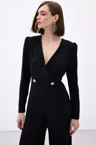 Wrap Detail Embellished Crepe Jumpsuit - Black-BLACK - 6