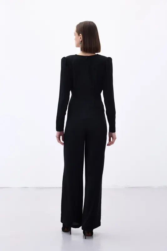 Wrap Detail Embellished Crepe Jumpsuit - Black-BLACK - 8