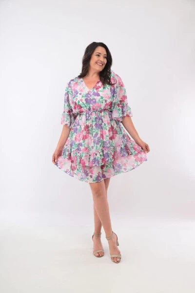 Wrap Front Comfortable Stylish Design Plus Size Floral Print Chiffon Dress - BYEN GİYİM (1)