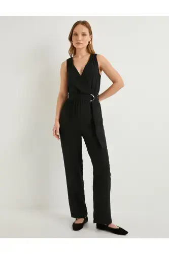 Wrap Jumpsuit Belt Detailed V Neck Sleeveless Pocketed - 1