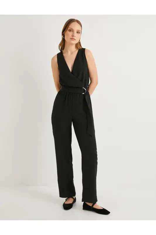 Wrap Jumpsuit Belt Detailed V Neck Sleeveless Pocketed - 3