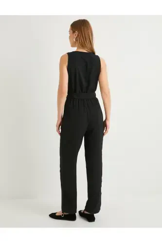 Wrap Jumpsuit Belt Detailed V Neck Sleeveless Pocketed - 4