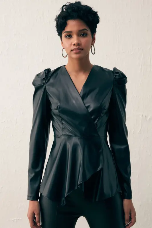 Wrap Leather Blouse - Black-BLACK - 2