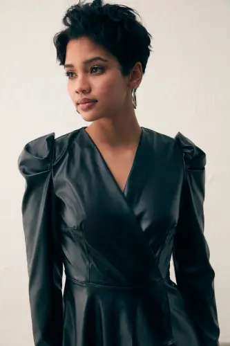 Wrap Leather Blouse - Black-BLACK - 4