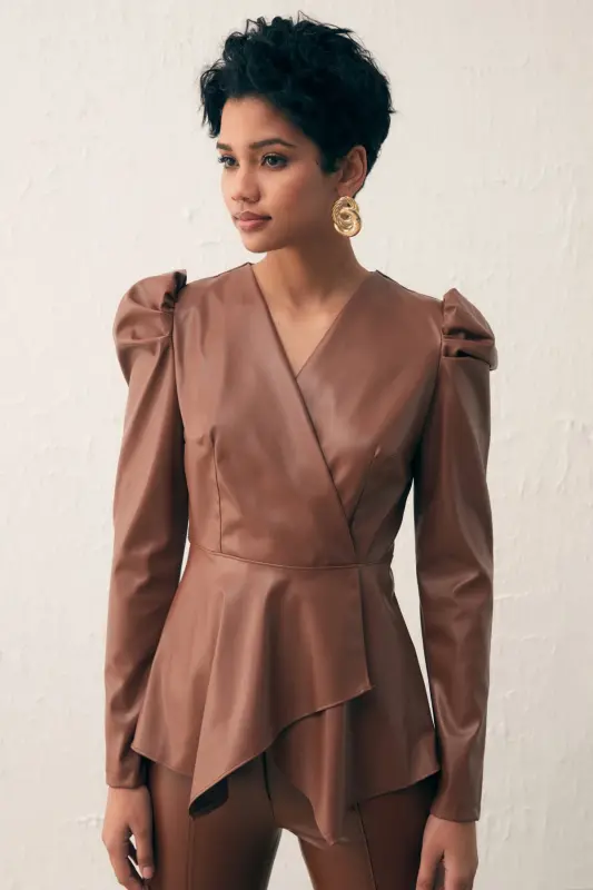 Wrap Leather Blouse - Coffee-COFFEE - SATEEN