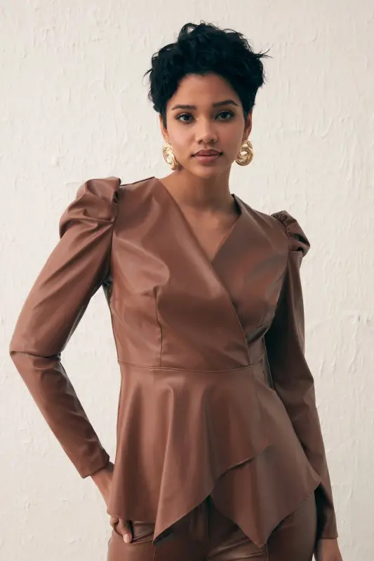 Wrap Leather Blouse - Coffee-COFFEE - 2
