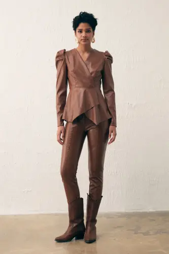 Wrap Leather Blouse - Coffee-COFFEE - 3