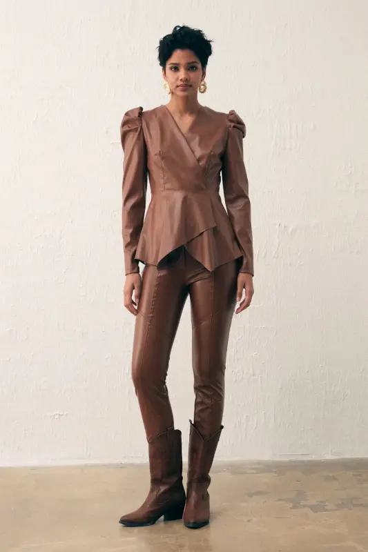 Wrap Leather Blouse - Coffee-COFFEE - 3