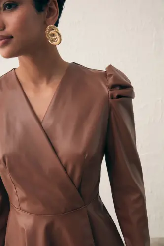 Wrap Leather Blouse - Coffee-COFFEE - 4