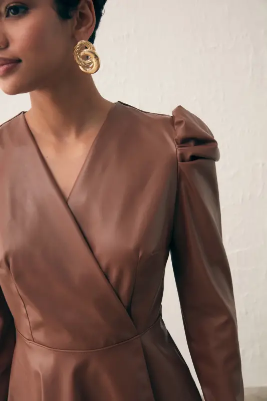 Wrap Leather Blouse - Coffee-COFFEE - 4