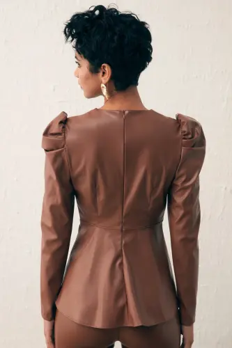 Wrap Leather Blouse - Coffee-COFFEE - 5