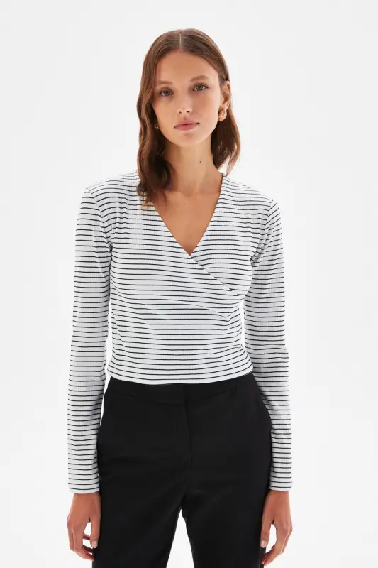 Wrap Long Sleeve Knit Blouse-101 - ADL