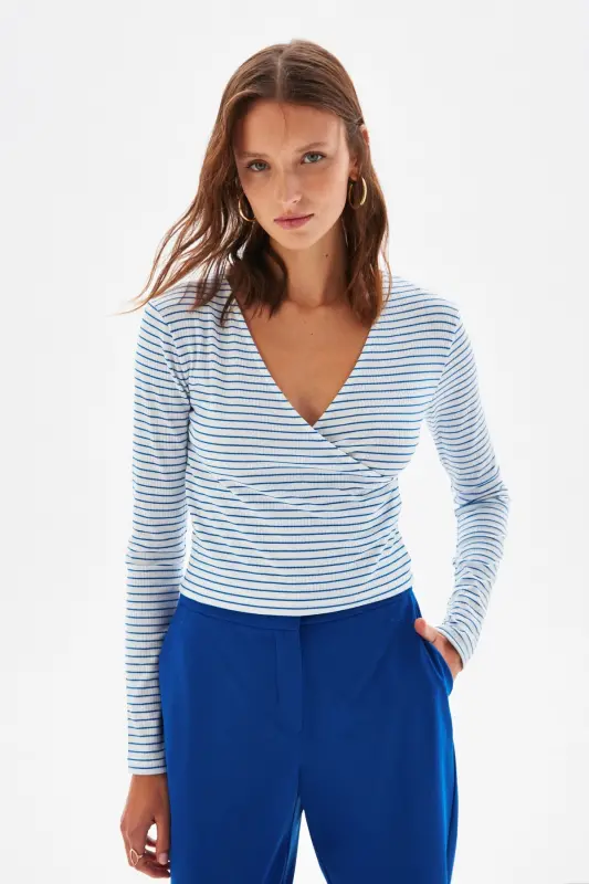 Wrap Long Sleeve Knitted Blouse-122 - 4