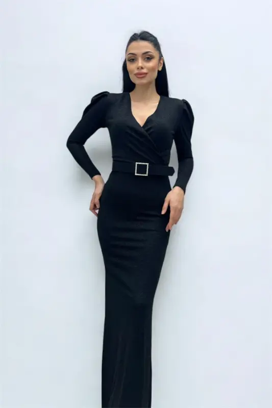 Wrap Neck Belt Detailed Dress - BLACK - 1