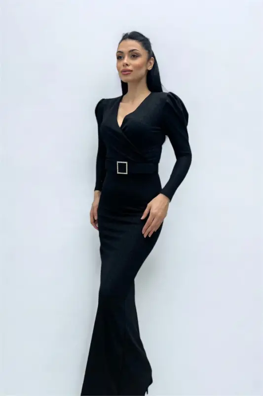 Wrap Neck Belt Detailed Dress - BLACK - 2