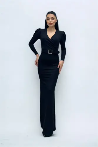 Wrap Neck Belt Detailed Dress - BLACK - 3