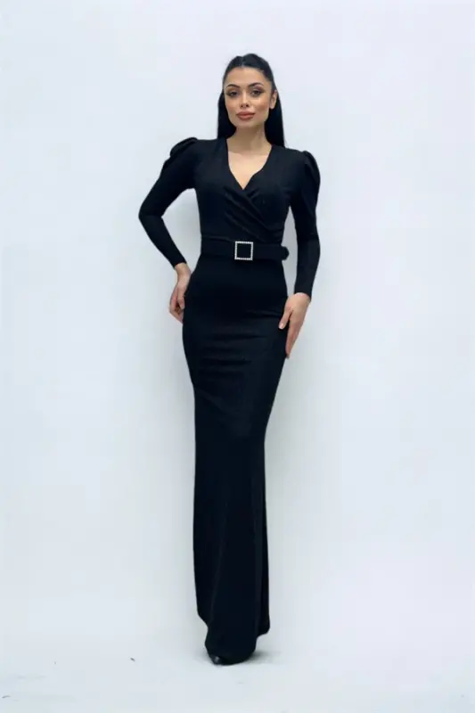 Wrap Neck Belt Detailed Dress - BLACK - 3