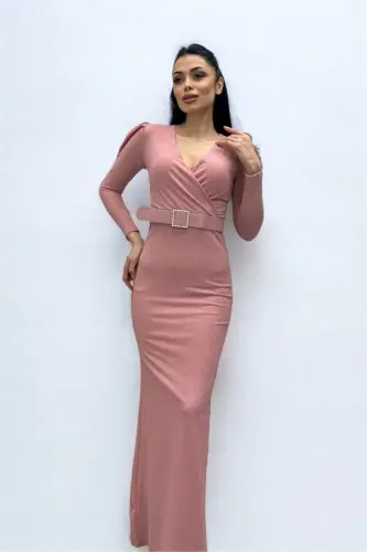 Wrap Neck Belt Detailed Dress - POWDER - BÜYÜKBEDENIZ (1)