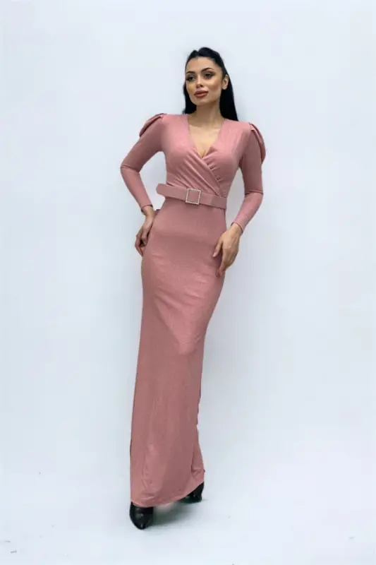 Wrap Neck Belt Detailed Dress - POWDER - 4