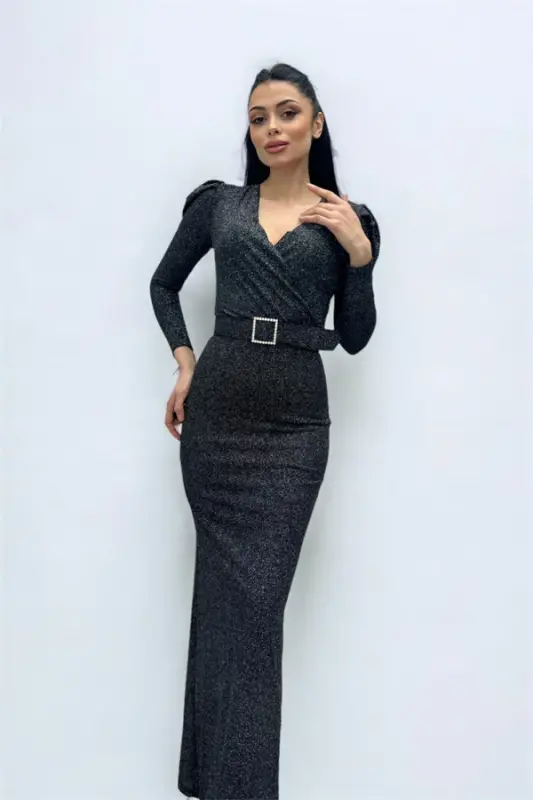 Wrap Neck Belt Detailed Dress - SILVER - 1