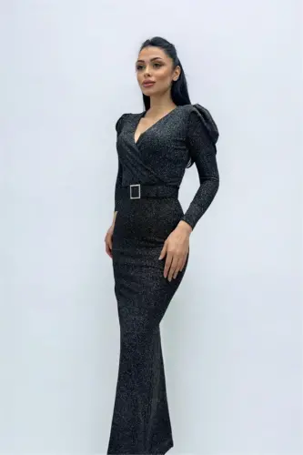 Wrap Neck Belt Detailed Dress - SILVER - 2