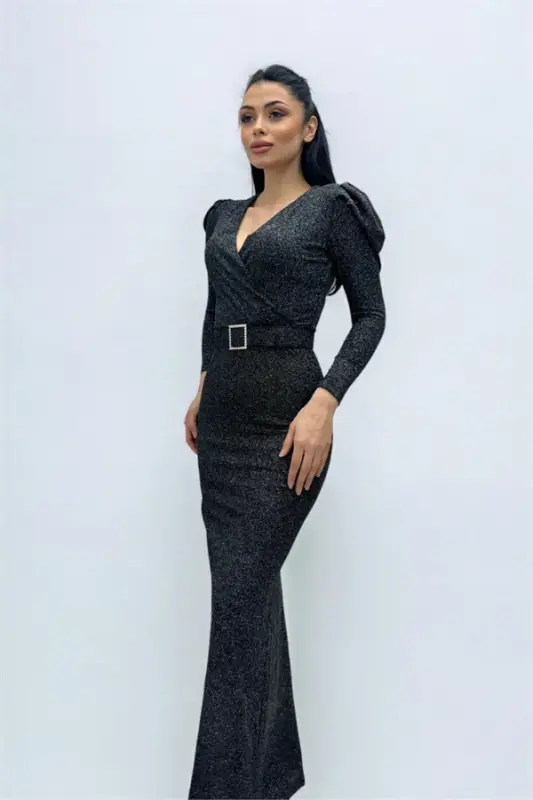 Wrap Neck Belt Detailed Dress - SILVER - 2