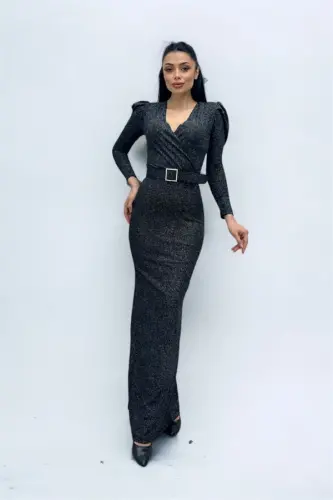 Wrap Neck Belt Detailed Dress - SILVER - 3