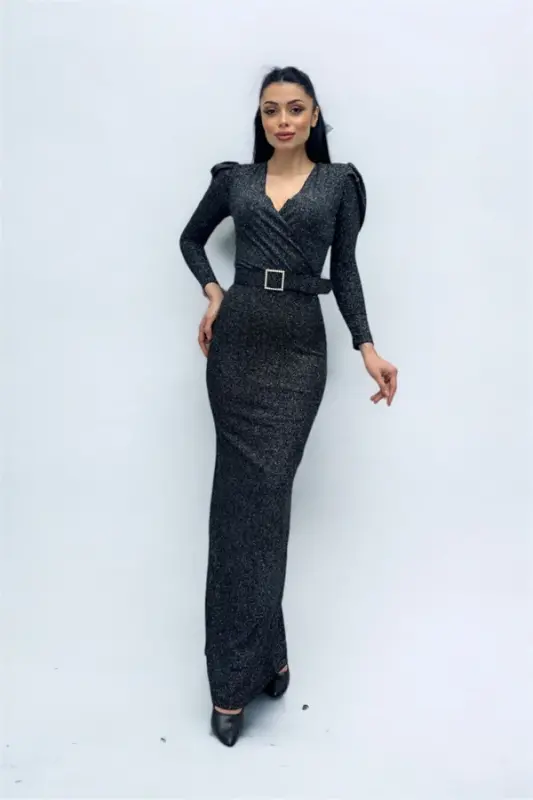 Wrap Neck Belt Detailed Dress - SILVER - 3