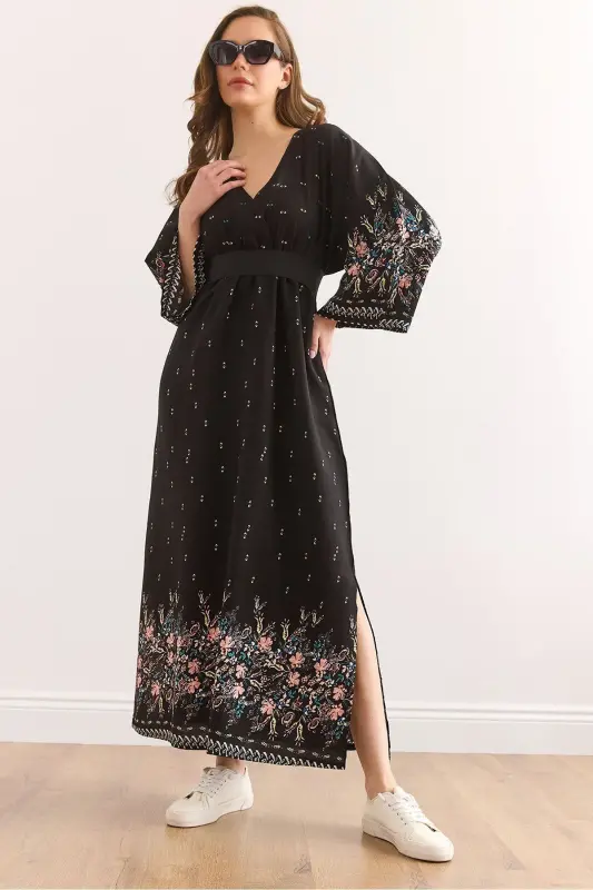 Wrap Neck Elastic Waist Maxi Slit Viscose - 1