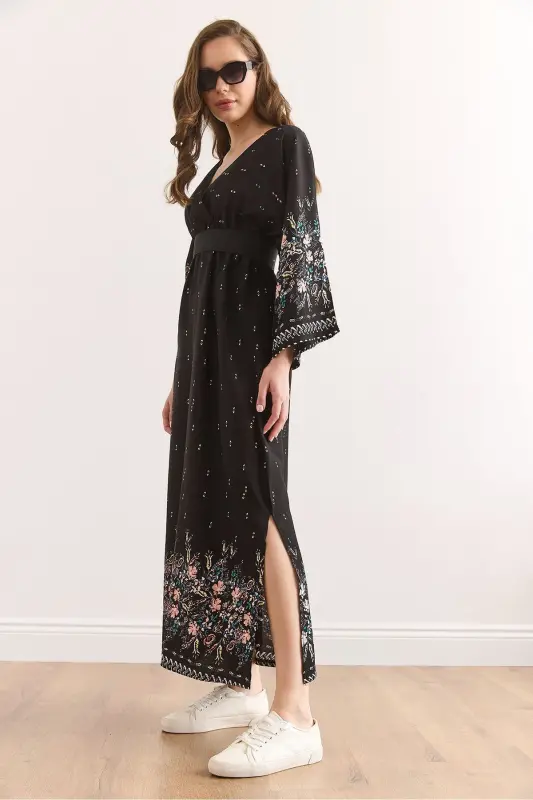 Wrap Neck Elastic Waist Maxi Slit Viscose - 4