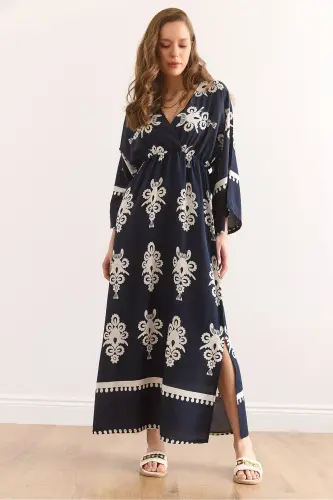 Wrap Neck Elastic Waist Maxi Slit Viscose 