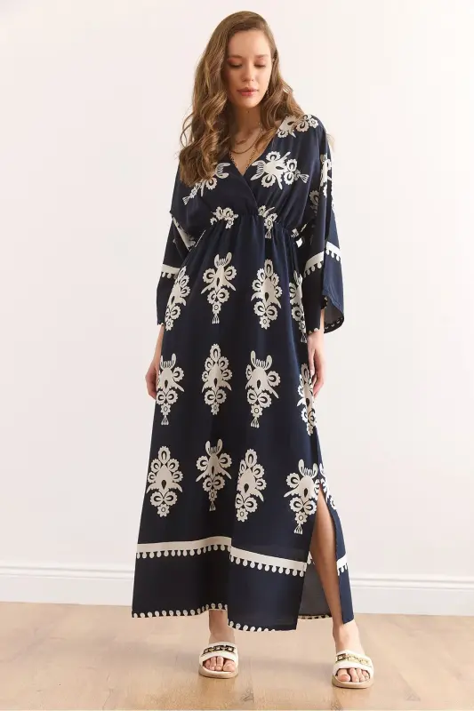 Wrap Neck Elastic Waist Maxi Slit Viscose - 1