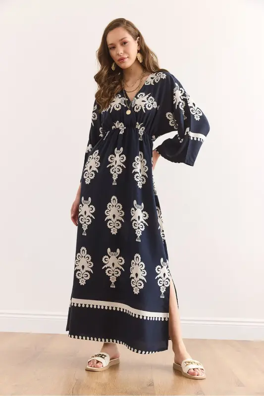 Wrap Neck Elastic Waist Maxi Slit Viscose - 2